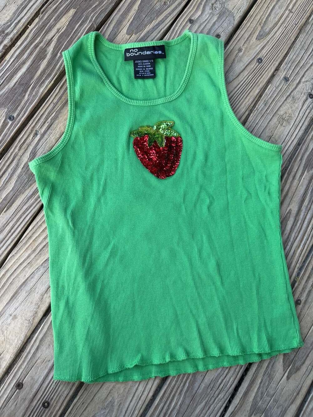 No Boundaries Y2K Green Ribbed Tank Top with Sequin Strawberry Applique